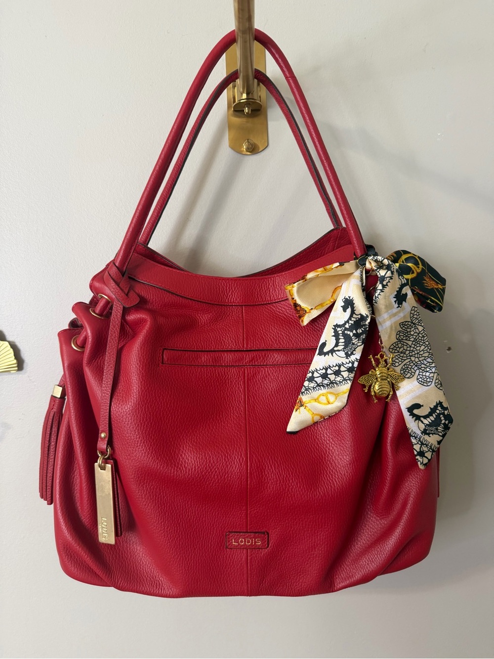 Lodis Zaria Red Pebbled Leather Hobo Shoulder Bag with Gold Hardware